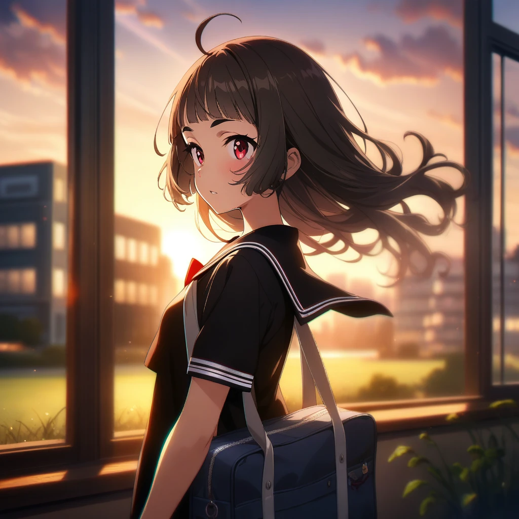 1girl, mirei, absurdres, absurdres, official art, ahoge, backlighting, bag, black hair, black sailor collar, black shirt, blurry, building, cloud, from side, depth of field, evening, floating hair, grass, outdoors, red eyes, sailor collar, scenery, school bag, , shirt, short sleeves, sky, solo, sunset, tree, uniform, window, lens flaire, chromatic aberration, ((very aesthetic, best quality, ultra detailed))
