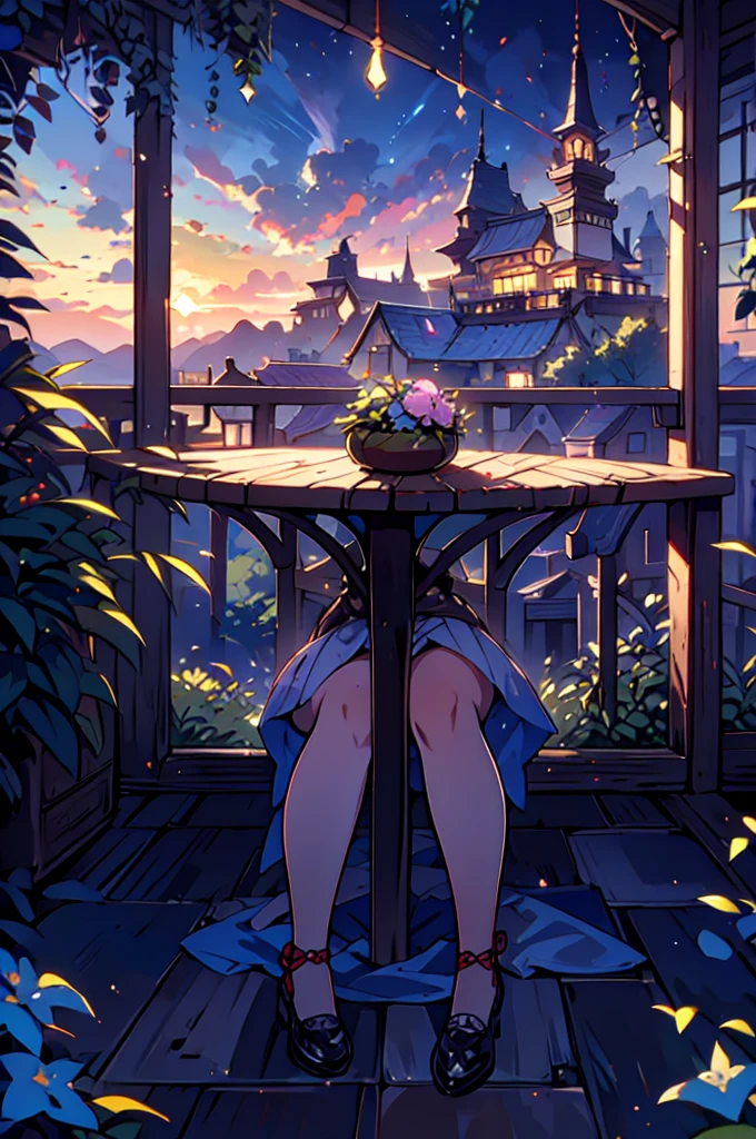 Very detailed,Pieces fly, Highest quality, Anime Images, Anime style etc.., Hired \(Genshin Impact\), Sit at the table, View from above, smile, 1 Girl, Twin Horn, ticker,Fits your body type, I can see the pussy , blush, Colorful pastel fantasy,Sexy pose,Very detailed background,Nice views,Beautiful and beautiful scenery,（（Very detailed landscape））,Incredibly high quality,Night Sky