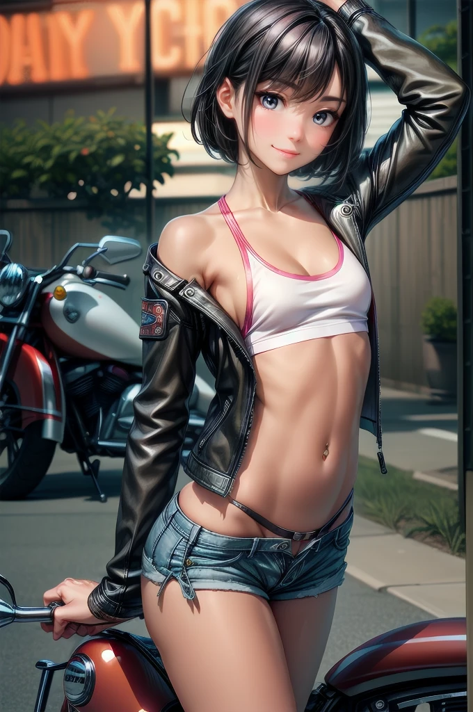 (cowboy shot), (Perfect Anatomy, top-quality, The ultra -The high-definition, high resolution, extremely detailed CG, 8K Unit Wallpapers), 20-year-old lady, solo, beautiful detailed eyes, black hair, short bob hair, blunt bang, (small breasts, statuesque slender body, athletic), gleaming skin, oily skin, (punk fashion, leather jacket, Tank top, micro shorts), (drive a motorcycle,Harley-Davidson), on road, Tokyo, at night