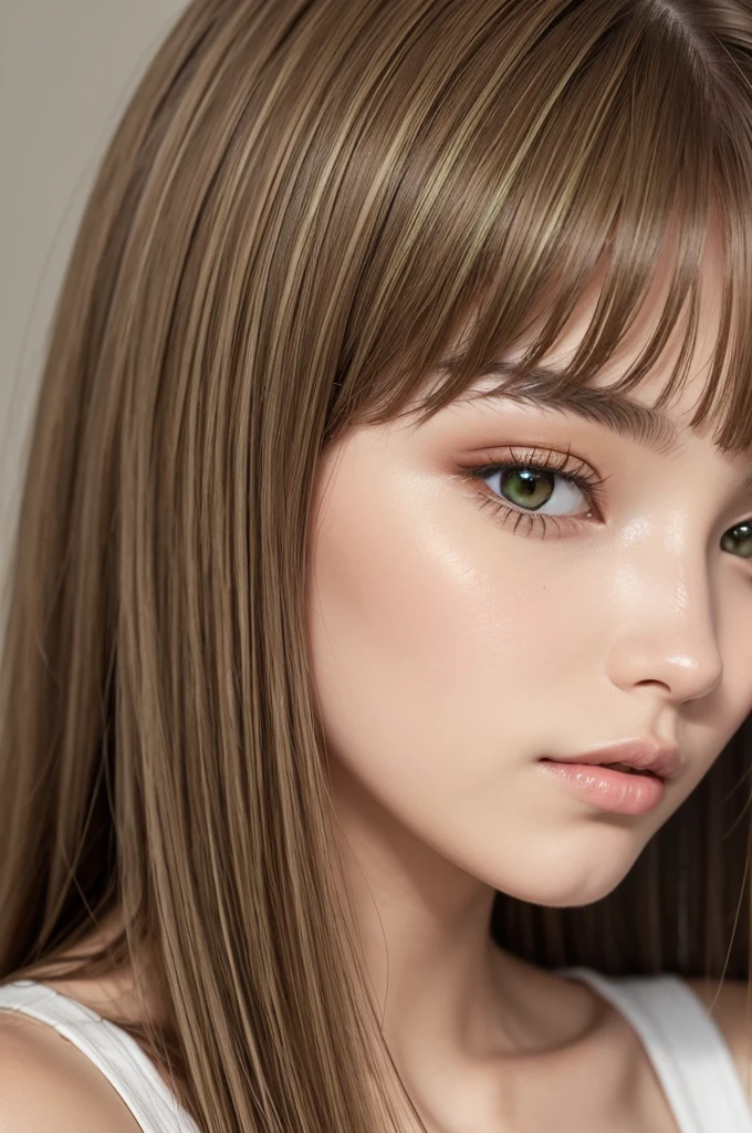 light brown straight hair, with some green highlights, Brown eyes