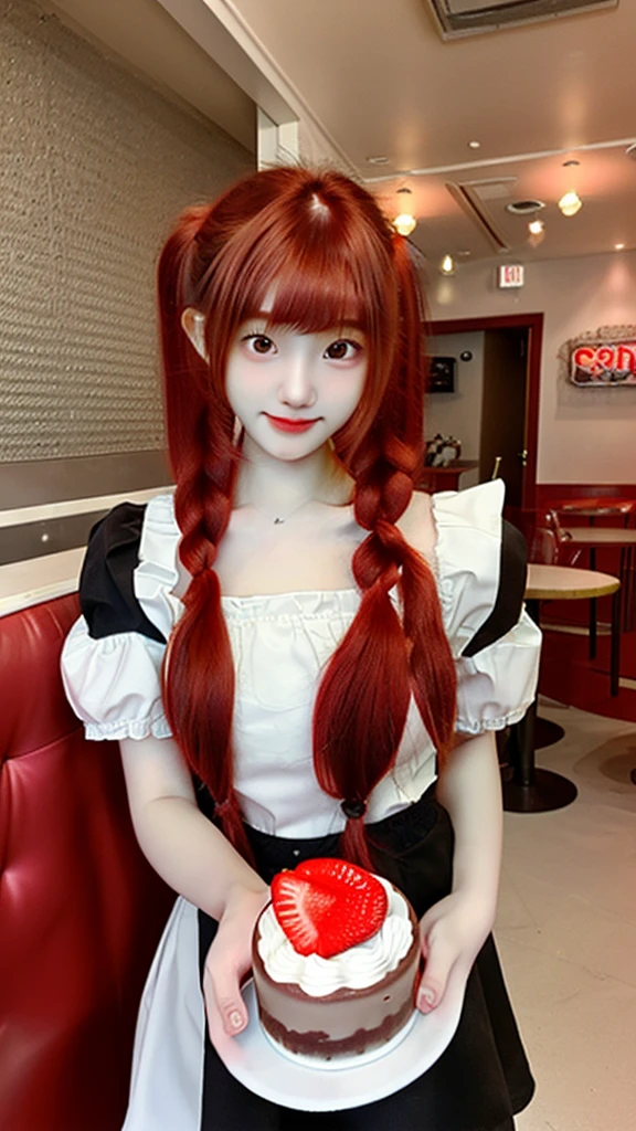 Promotional Photos, The location is a coffee shop, 1 Girl, The face of a 16 year old, The waitress is bringing the cake to the table, Red hair twin tails, Kind Face, A strawberry-inspired half-gothic lolita and half-maid costume, White-based clothing