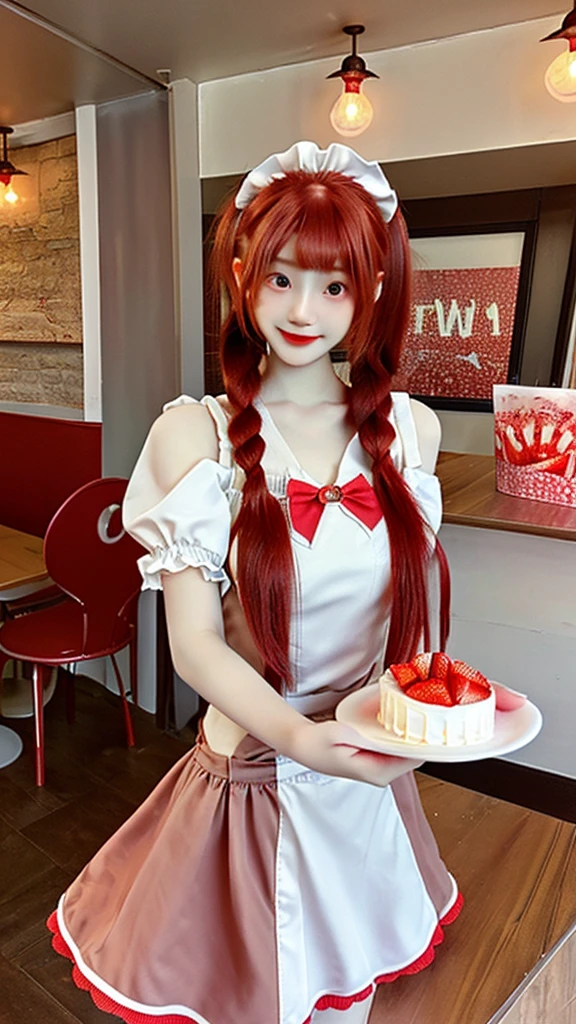 Promotional Photos, The location is a coffee shop, 1 Girl, The face of a 16 year old, The waitress is bringing the cake to the table, Red hair twin tails, Kind Face, A strawberry-inspired half-gothic ta and half-maid costume, White-based clothing