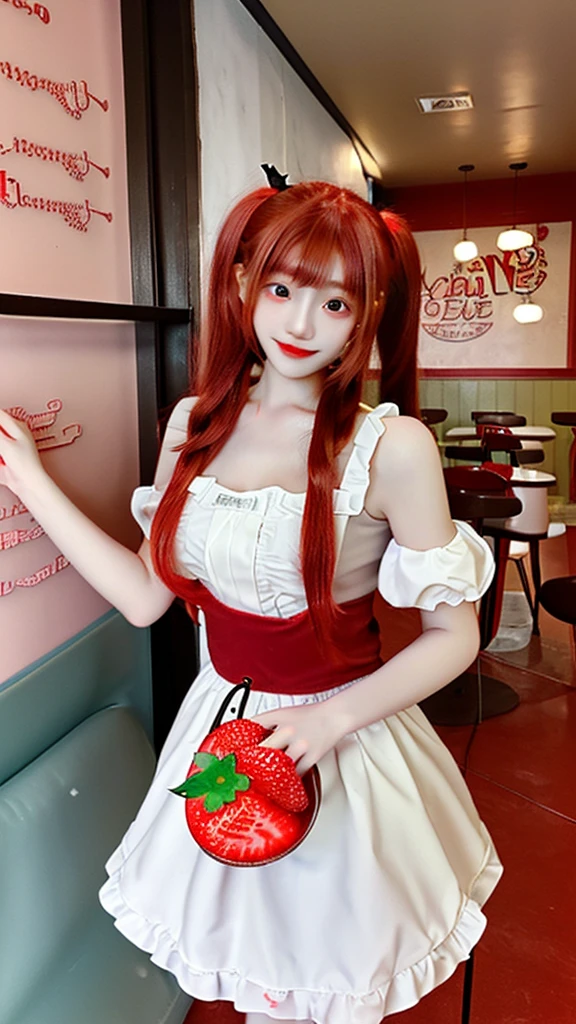 Promotional Photos, The location is a coffee shop, 1 Girl, The face of a 16 year old, The waitress is bringing the cake to the table, Red hair twin tails, Kind Face, A strawberry-inspired half-gothic lolita and half-maid costume, White-based clothing