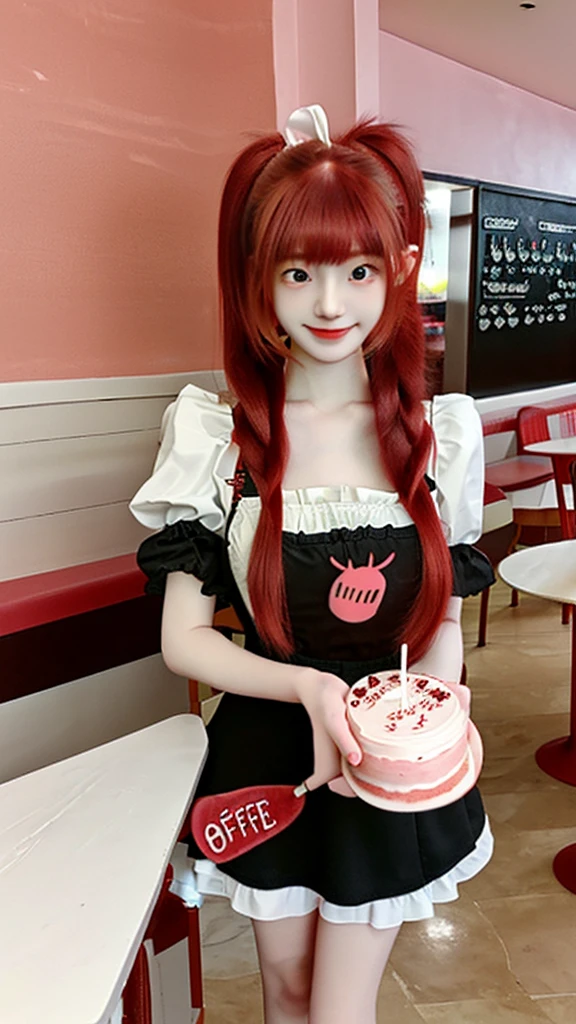 Promotional Photos, The location is a coffee shop, 1 Girl, The face of a , The waitress is bringing the cake to the table, Red hair twin tails, Kind Face, A strawberry-inspired half-gothic lolita and aid costume, White-based clothing