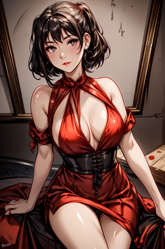 (8K HDR photorealistic pic), Betty Boop, short, althetic, curvy lady, ((tight little red dress)), dark eyebrows, black lipstick, (hoop earrings), dark eyeshadow, black lipstick, curvy, busty, (curly short black hair), shortstack, (retroussé breasts), darling figure, (supple pouting breasts), firm thighs, hourglass figure, kerchief, big brown eyes, dancing seductively