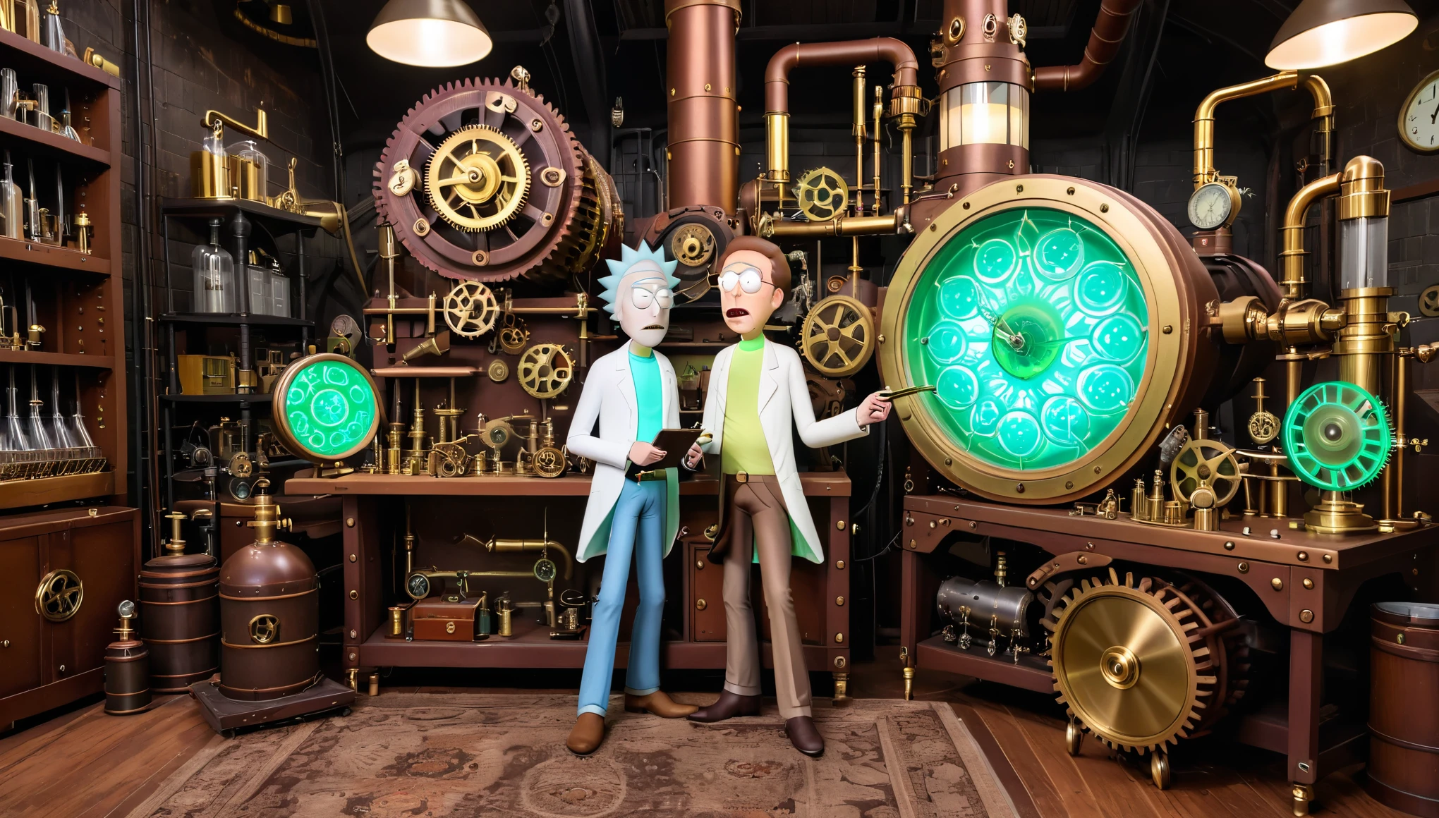 Rick and Morty in a steampunk laboratory filled with brass gears, steam-powered machines, and Victorian-era gadgets.