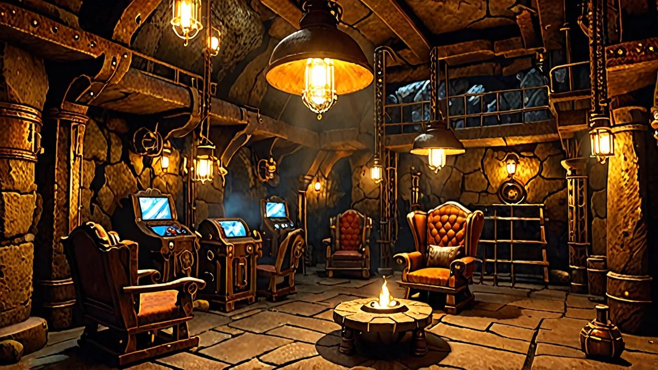 underground scenery,Underground town of dwarfs,Kolobokkur:cute,fantasy,The world of dwarfs underground,fantastic,rock surface,Light from the ceiling,crystal,働くKolobokkur,Professionals,Detailed details,octane rendering,steampunk,sense of life,Chair,machine,tableware