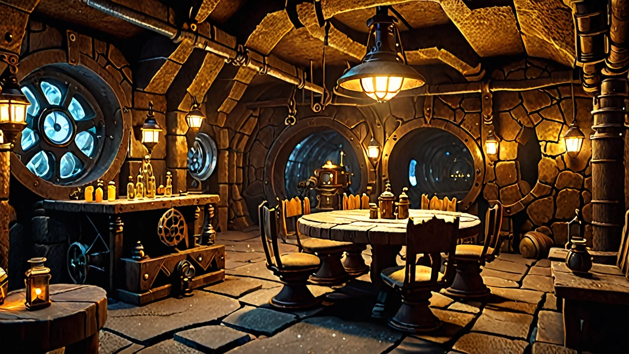 underground scenery,Underground town of dwarfs,Kolobokkur:cute,fantasy,The world of dwarfs underground,fantastic,rock surface,Light from the ceiling,crystal,働くKolobokkur,Professionals,Detailed details,octane rendering,steampunk,sense of life,Chair,machine,tableware