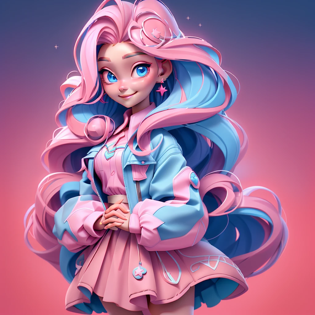 1girl, long hair,  blue eyes, earrings, jewelry, solo, skirt, looking at viewer,  PINK hair, smile, very long hair,star hair ornament, jacket, lips, simple background