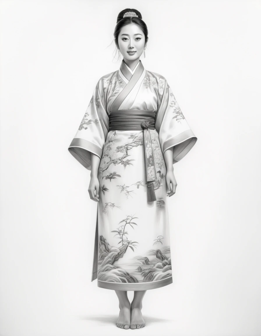 Graphite pencil drawing of the same 30yo Chinese woman, front and back view, curvy body, full body, standing, wearing traditional clothes, white background