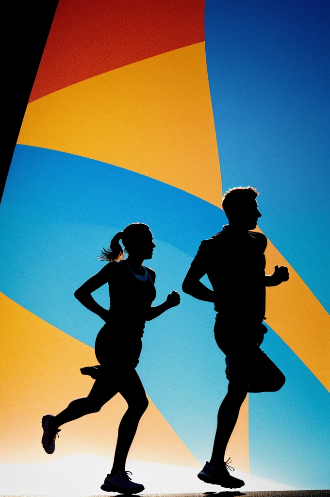 Colored silhouette of man and woman running