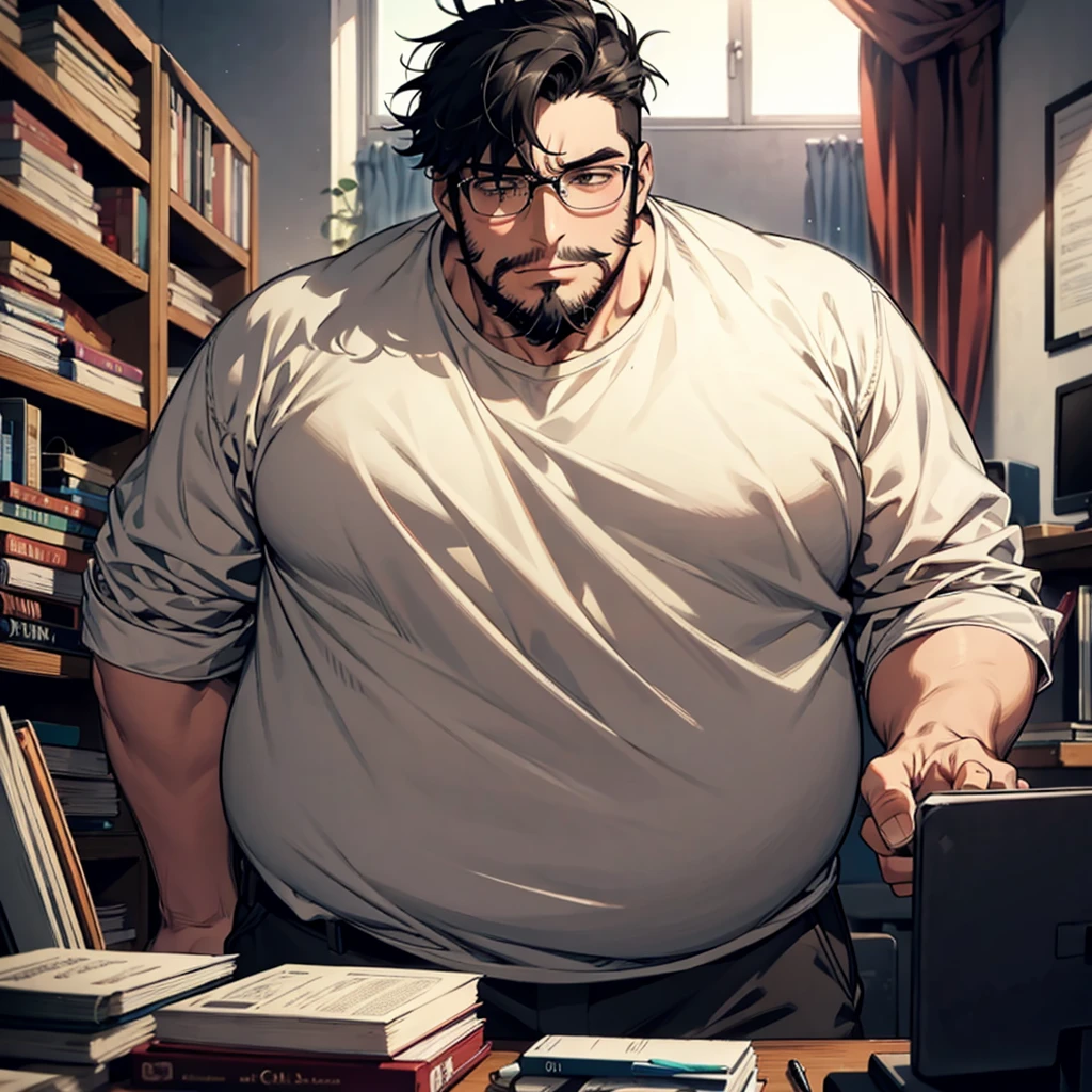 1 male, fat, tall, facial hair, glasses, depressed, messy room, black hair, big soft arms, nerd, ugly