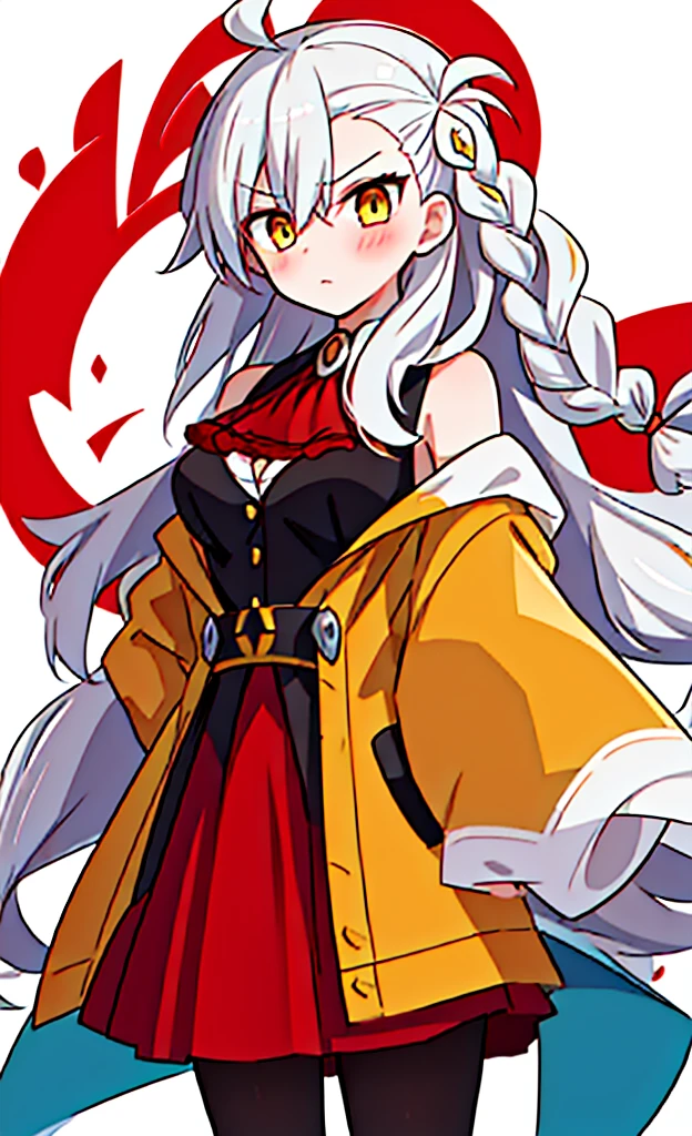 masterpiece,Highest quality,1 Girl,alone,Pokémon-like art style, OLGA_MARIE_ANIMUSPHERE_FGO
LONG_HAIR, BRAID, WHITE_HAIR, BLUSH, YELLOW_EYES, AHOGE, HAIR_BETWEEN_EYES, BREASTS, GREY_HAIR, OLGAMARIE, YELLOW EYES, WHITE HAIR, LONG HAIR, SIDE BRAID, JACKET, RED ASCOT, SKIRT, DRESS, RED PANTYHOSE