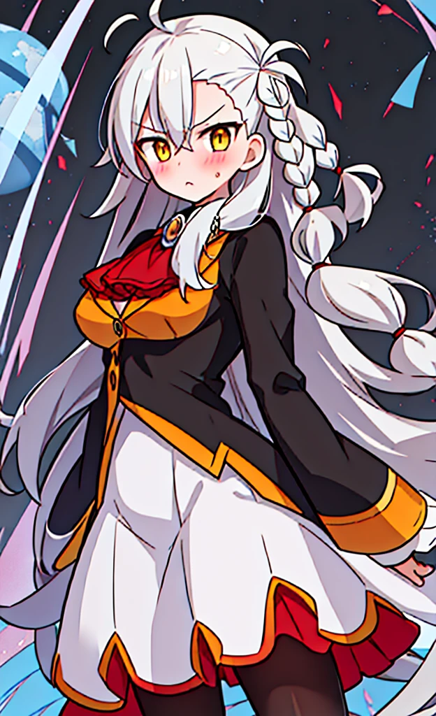 masterpiece,Highest quality,1 Girl,alone,Pokémon-like art style, OLGA_MARIE_ANIMUSPHERE_FGO
LONG_HAIR, BRAID, WHITE_HAIR, BLUSH, YELLOW_EYES, AHOGE, HAIR_BETWEEN_EYES, BREASTS, GREY_HAIR, OLGAMARIE, YELLOW EYES, WHITE HAIR, LONG HAIR, SIDE BRAID, JACKET, RED ASCOT, SKIRT, DRESS, RED PANTYHOSE