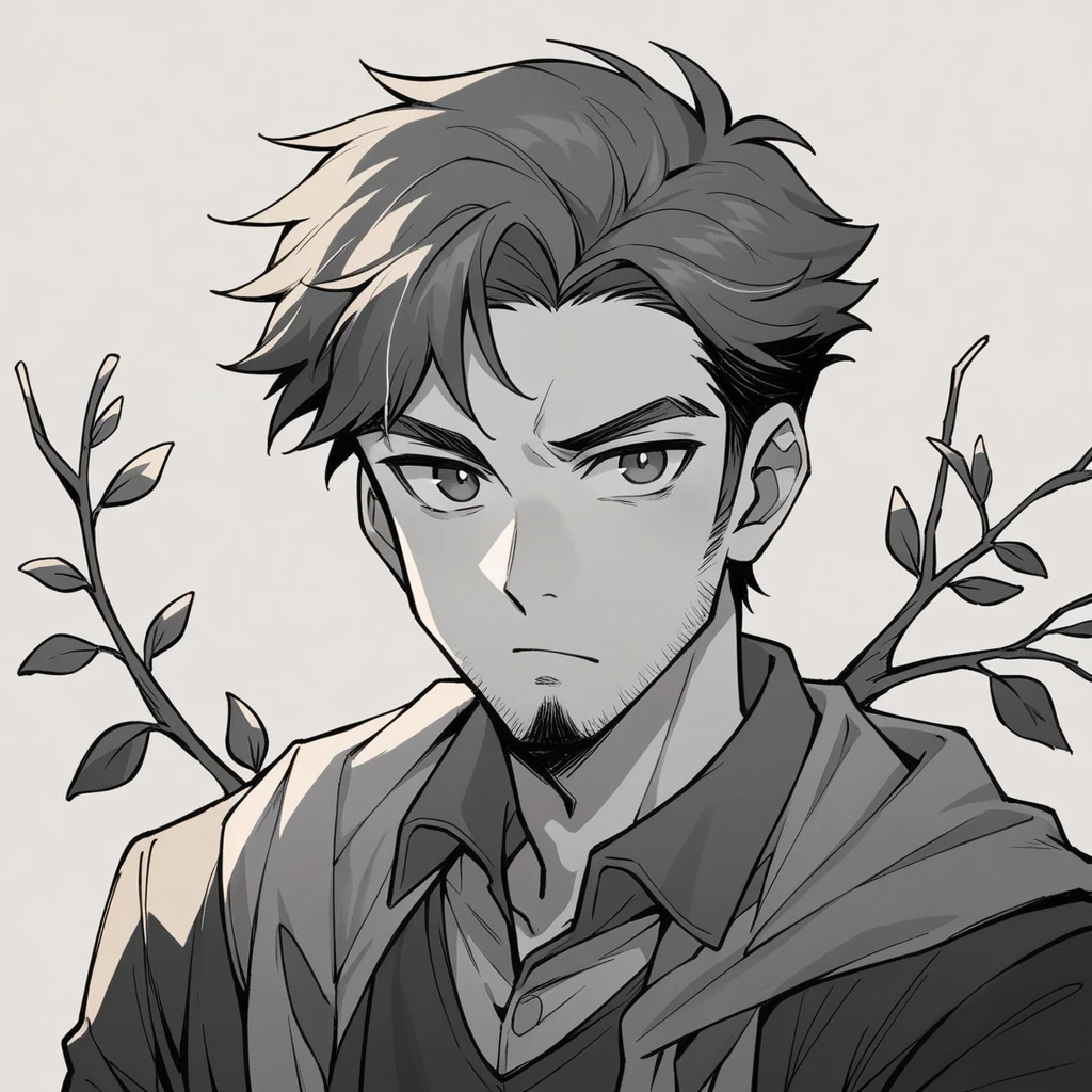 Draw a young man who ate a seed and has branches growing out of his ears, sitting on a park. . Dramatic lighting from distant stars and planets illuminates the scene, casting deep shadows on the suit. The young man looks confident and determined, looking at the vast and mysterious universe with wonder and respect,facial hair, cowboy shot, branches growing out of his ears.
                                                                       