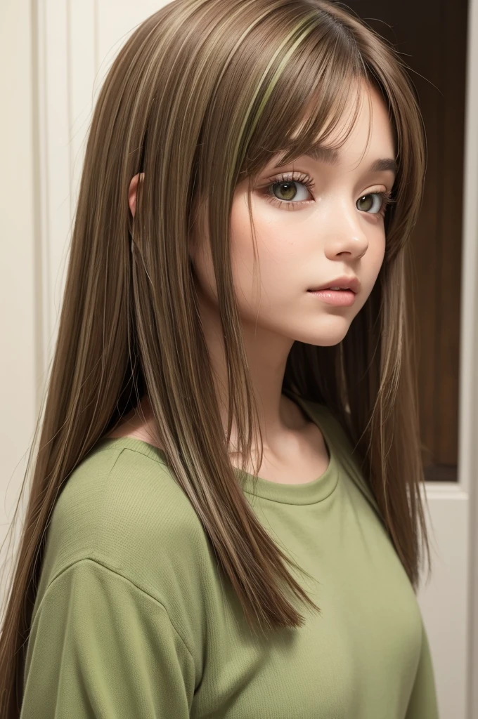 light brown straight hair, with some green highlights, Brown eyes