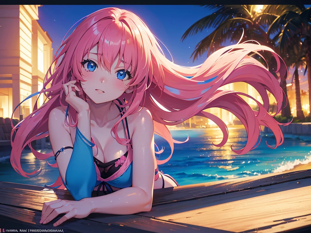anime, Style, 1 pink long haired girl in a blue bikini, on the beach in the night(best quality, 4k, 8k, high resolution, obra-prima: 1.2), ultra-detailed, (realista, fotorealista, foto-realista: 1.37) colorido com vibrantes cores, soft lighting