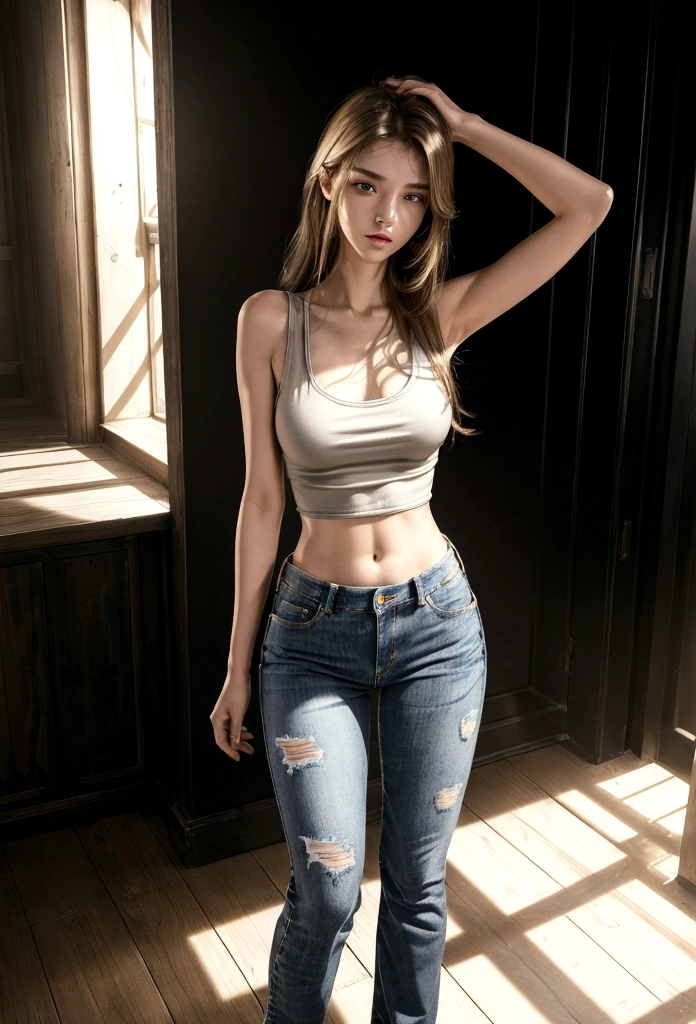 masterpiece, best quality, (extremely detailed CG unity 8k wallpaper), (best quality), (best illustration), (best shadow), absurdres, realistic lighting, (Abyss), beautiful detailed glow, full body shot, age girl, body, skinny, loose very low waist jeans, tank top, seductive pose, smooth skin, cute face, model, very long hair, blond, cute tank top, loose jeans, low waist jeans, seductive