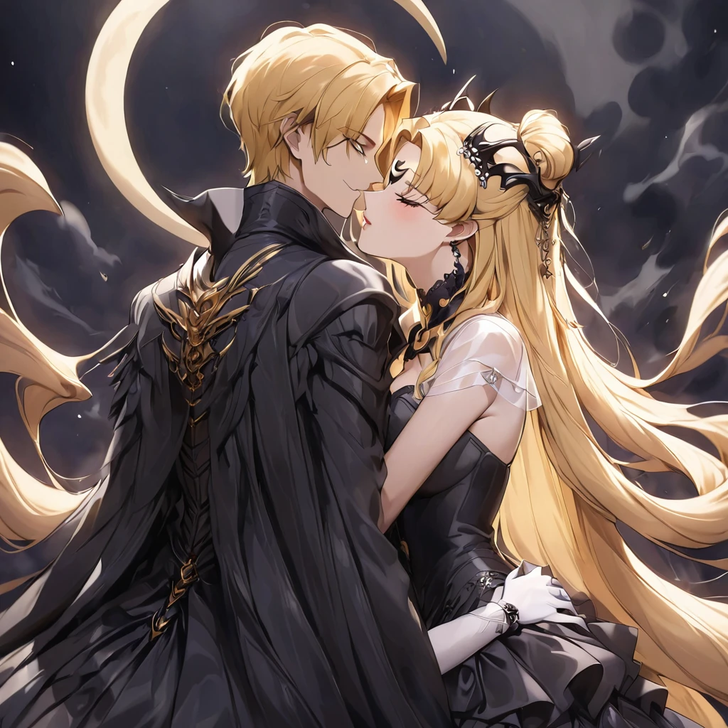 ((Highest quality)), ((masterpiece)), (detailed), (Perfect Face)、The woman is a dark queen with a black inverted crescent moon mark on her forehead, wearing a gorgeous, glittering black Gothic Victorian dress, a black veil, and a black see-through cape, as well as luxurious jeweled accessories.、The man is a majestic, evil and powerful demon king.、Men and women in love、The woman is Black Serenity, the noble dark queen of the Black Moon clan and has blonde hair.2The woman with long hair tied up is Princess Serenity、The woman embraces the strong and evil demon king, kisses him, and gets married in the Black Moon Temple.、The woman is a dark queen with a black inverted crescent moon mark on her forehead, wearing a gorgeous, glittering black Gothic Victorian dress, a black veil, and a black see-through cape, as well as luxurious jeweled accessories.で幸せそうな表情の漆黒のプリンセスセレニティで恋する乙女の表情、A woman and a strong, evil demon king man are embracing the dark bride woman, kissing her vows and getting married.、The man is a strong and evil demon king, who embraces the woman, kisses her vows, and holds a wedding ceremony in the Temple of the Black Moon.、Men and women in love