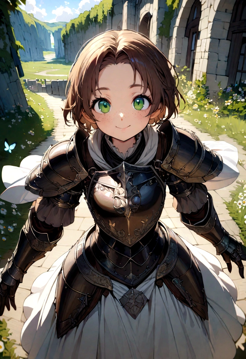Masterpiece, hyper detailed, 1girl, teen , smiley face, freckles, wide forehead, big eyes, green eyes, short bowl haircut, brown hair BREAK very intricate detailed medieval armor shiny with big shoulder defense, no helmet BREAK standing in middle camomile plain, butterfly's flying around, sunny day