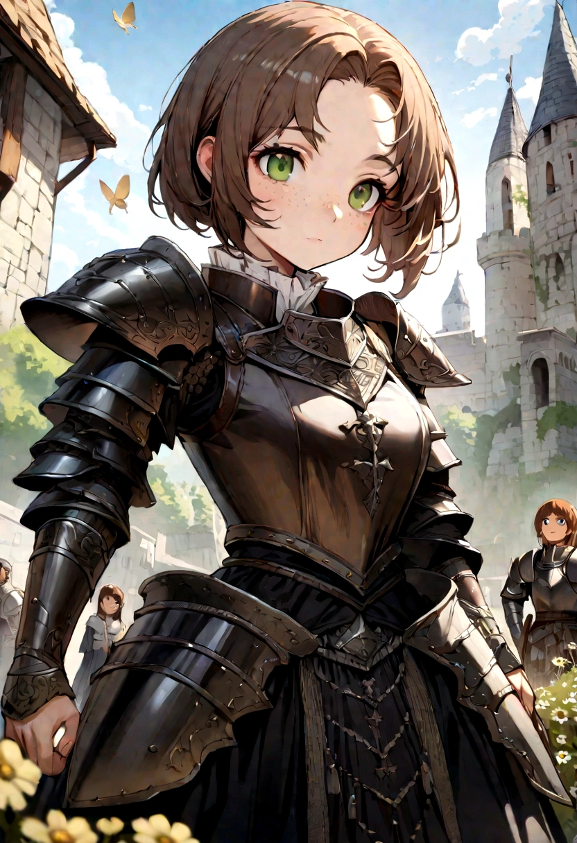 Masterpiece, hyper detailed, 1girl, teen , smiley face, freckles, wide forehead, big eyes, green eyes, short bowl haircut, brown hair BREAK very intricate detailed medieval armor shiny with big shoulder defense, no helmet BREAK standing in middle camomile plain, butterfly's flying around, sunny day