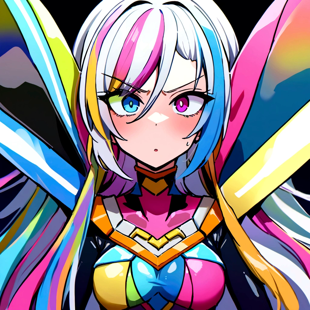 make me a female, 44 years old, blue sidecut hair, heterochromia and anisocoria eyes, she's looking stunned, cyber clothes, rainbow outfit