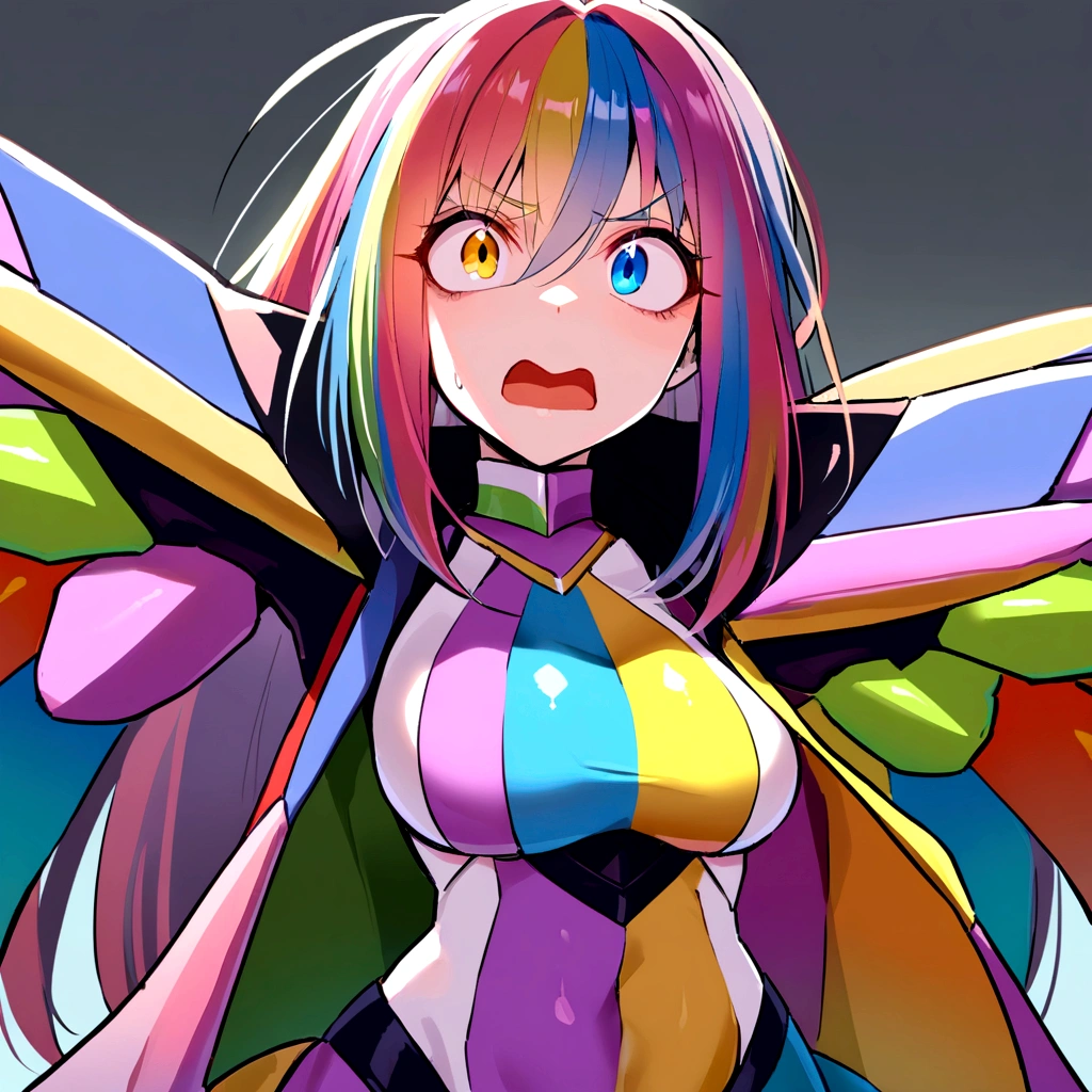 make me a female, 44 years old, blue sidecut hair, heterochromia and anisocoria eyes, she's looking stunned, cyber clothes, rainbow outfit