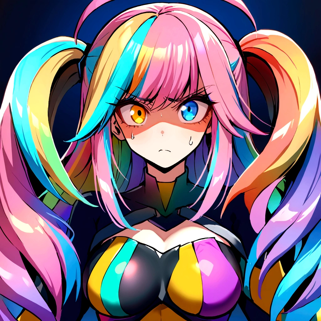 make me a female, 44 years old, blue sidecut hair, heterochromia and anisocoria eyes, she's looking stunned, cyber clothes, rainbow outfit
