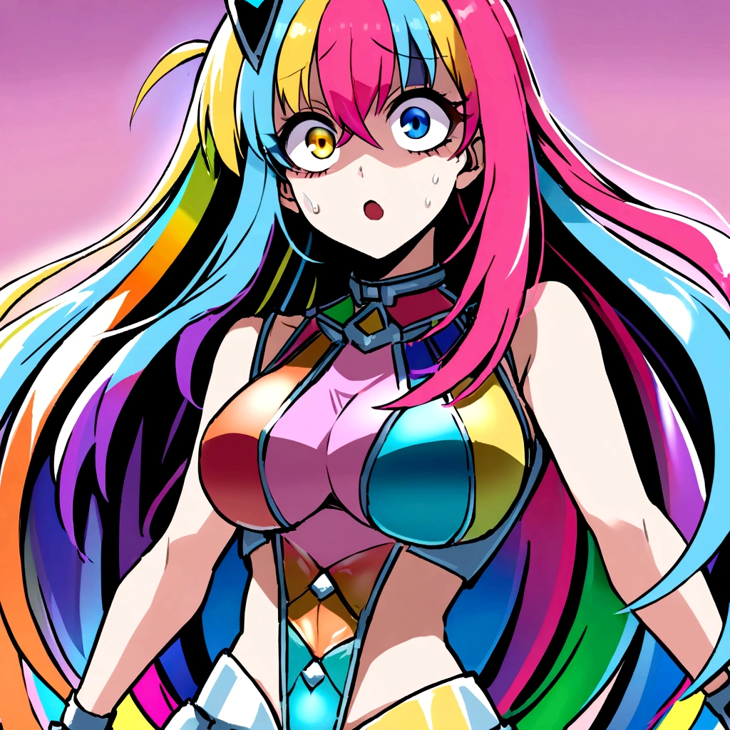 make me a female, 44 years old, blue sidecut hair, heterochromia and anisocoria eyes, she's looking stunned, cyber clothes, rainbow outfit