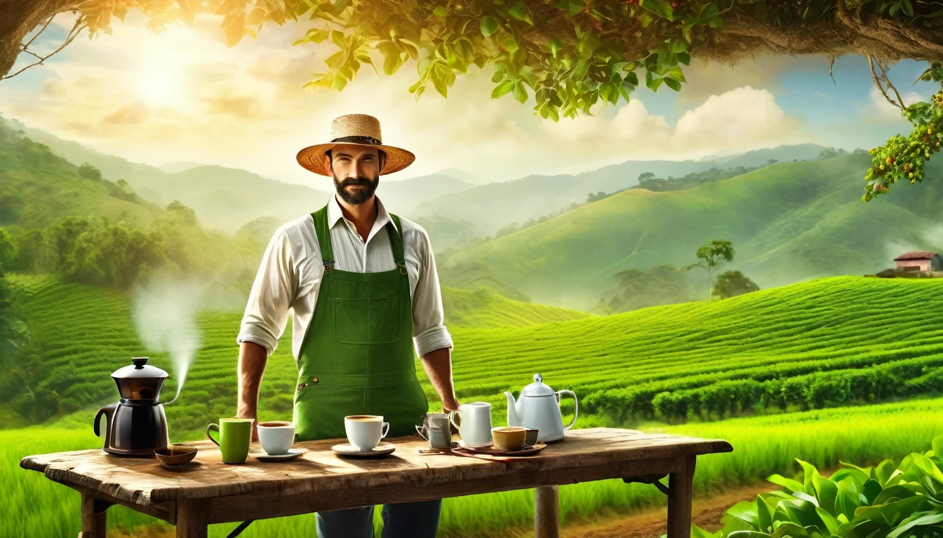 Create an image for a coffee advertising campaign with the following scenario: A green field with coffee plantations. In the center of the image, a robust and determined man, wearing practical work clothes (jeans, long-sleeved shirt and straw hat), . in front of him is a rustic table with a steaming cup of coffee and an antique coffee maker. Many colors in the scenery, highlighting the beauty of the countryside and the man's dedication to his work.