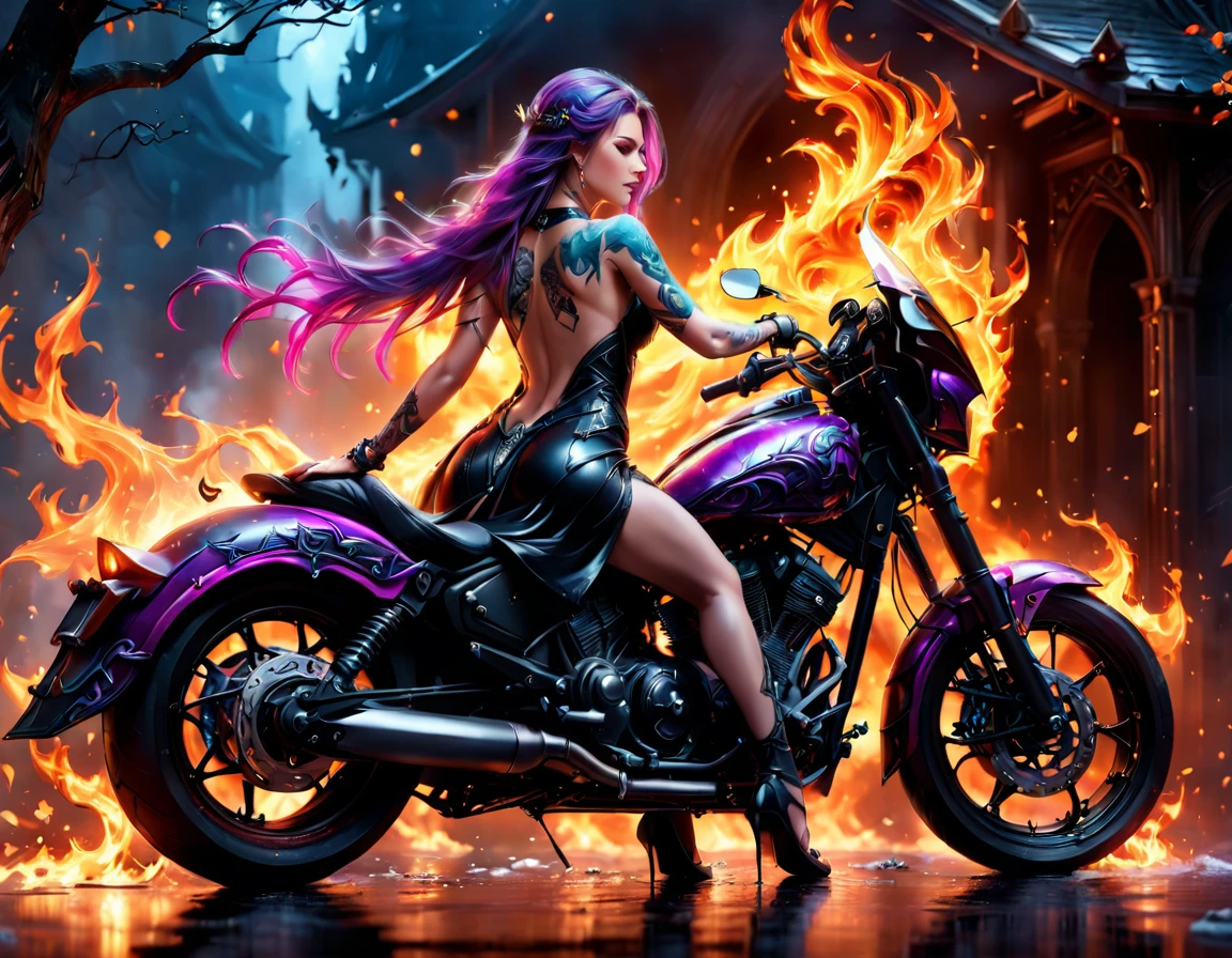 Arafed, Dark fantasy art, fantasy art, goth art, a picture of a of a tattooed female elf near her motorcycle (masterwork, best detailed, ultra detail: 1.5)  the tattoo is vivid, intricate detailed coming to life from the ink to real life, GlowingRunesAI_purple, ((fire surrounds the motorcycle: 1.5)), ultra feminine, ((beautiful delicate face)), Ultra Detailed Face, small pointed ears, dynamic angle, ((the back is visible: 1.3), she wears a transparent black dress, the dress is elegant, flowing, elven style, that the tattoos glow, dynamic hair color, dynamic hair style, high details, best quality, 16k, [ultra detailed], masterpiece, best quality, (extremely detailed), dynamic angle, full body shot, faize, drkfntasy, Digital Painting