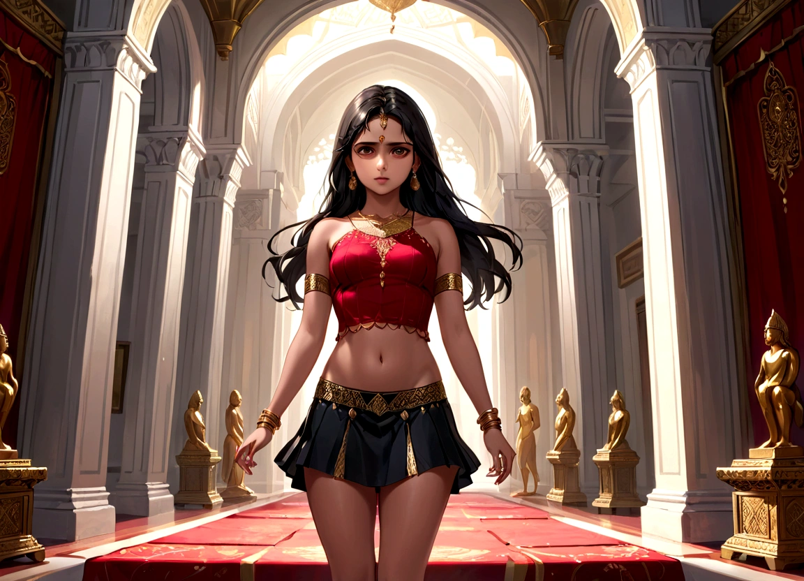 (best quality, master piece), a indian girl strips her red top to be naked and wears a black micro skirt with golden herls