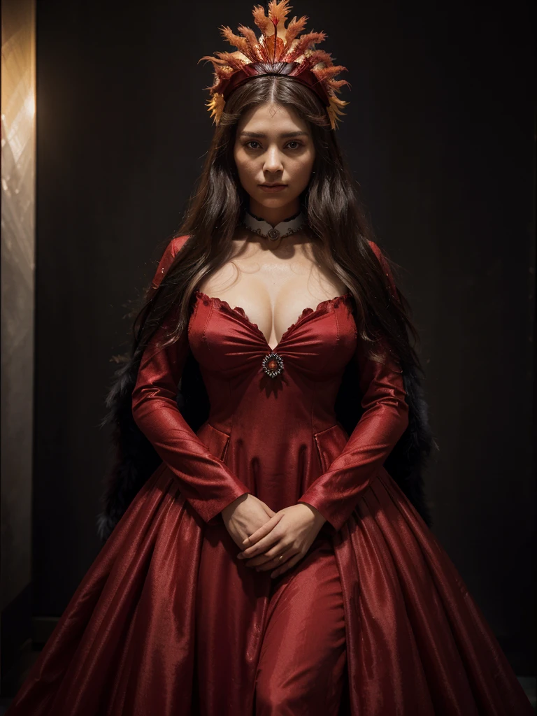 1 heroine, 1 beautiful princess, in the dark: 1.6), Surreal female portrait by David Hockney and Alphonse Mucha., fantasy art, korea doll, photorealism, dynamic lighting, art station, poster, volumetric lighting, Very detailed faces, 8k ultra, whole body, Award-winning, in the dark, deep shadow, low key, cowboy lens, (red phoenix dress: 1.4), wide, black fur, bust, luxurious palace, royal style, Princess&#39; crown, Big black round eyes, royal style, the most beautiful face, large and regular breasts, super realistic,