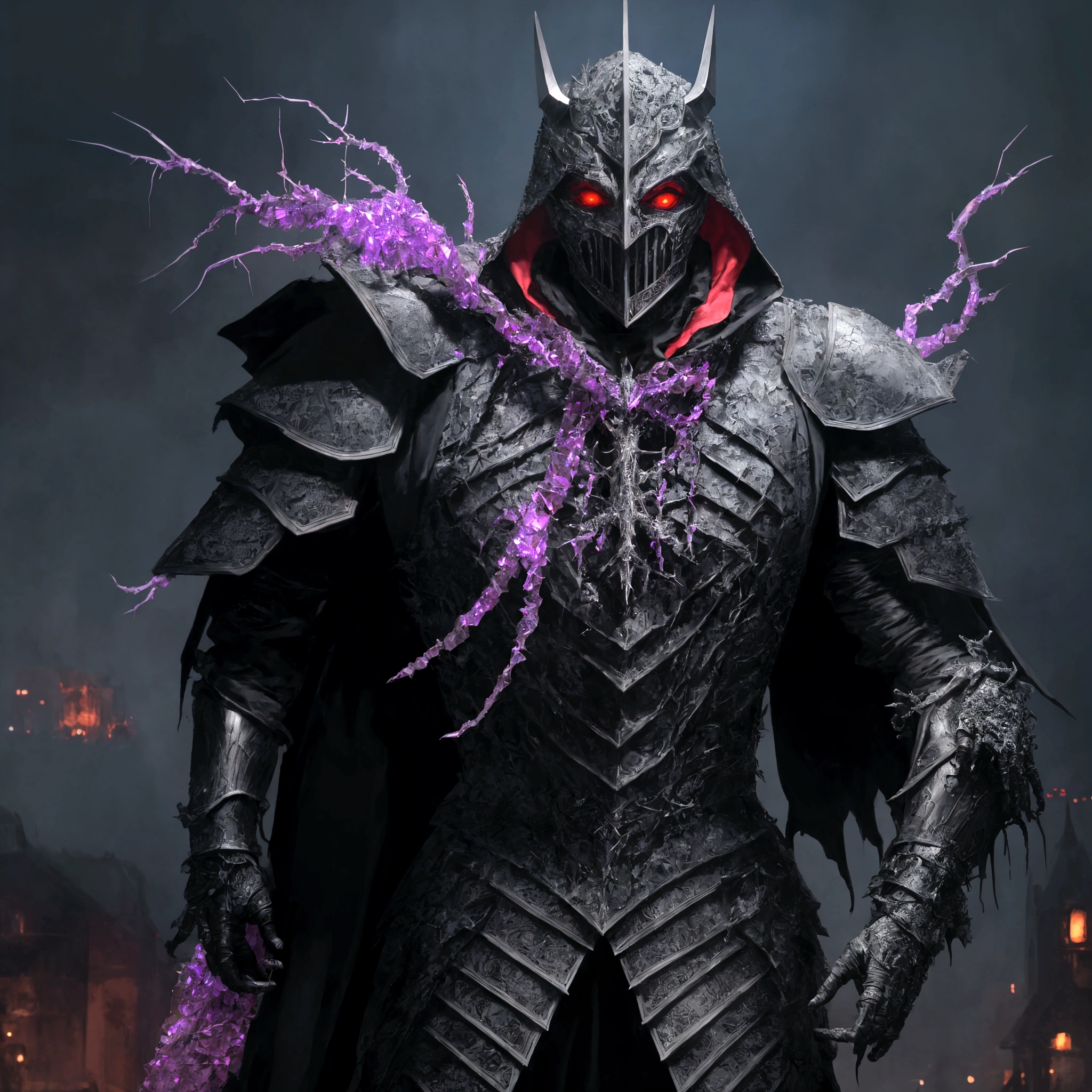 (extremely detailed 8k wallpaper), a medium shot photo of scary Grim dressed as a majestic masked crystal-supervillain in an armour made of bloody glowing wires from marvel, theme, intricate, high detail, dramatic, old scary building with multicoloured crystals in the background