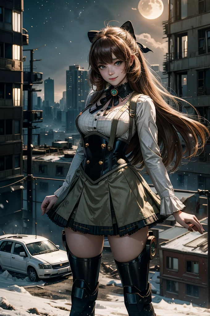 cowboy shot, (dynamic pose), smile, underbust, Penny Polendina, long hair, neck ribbon, suspender skirt, corset, black bow, white blouse, mechanical legs, neon trim, ((standing with people in city ruins on hill, overlooking valley)), BREAK night, stars, moon, snow, BREAK mountains in background, waterfall, vehicle wreck, ((people in military uniform)), bonfires, post-apocalypse, dystopian future, (volumetric lighting), intricate details, tonemapping, sharp focus, hyper detailed