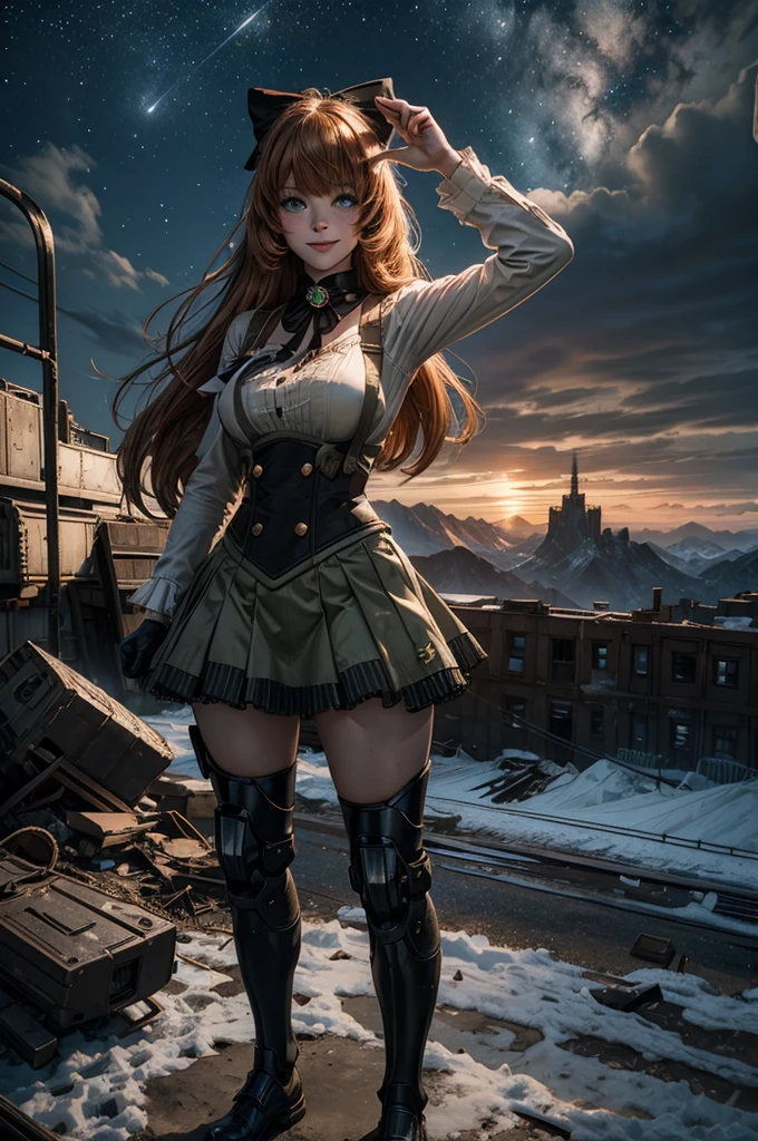 cowboy shot, (dynamic pose), smile,  underbust, Penny Polendina, long hair, neck ribbon, suspender skirt, corset, black bow, white blouse, mechanical legs, neon trim, ((standing with people in city ruins on hill, overlooking valley)), BREAK night, stars, moon, snow, BREAK mountains in background, waterfall, vehicle wreck, ((people in military uniform)), bonfires, post-apocalypse, dystopian future, (volumetric lighting), intricate details, tonemapping, sharp focus, hyper detailed

