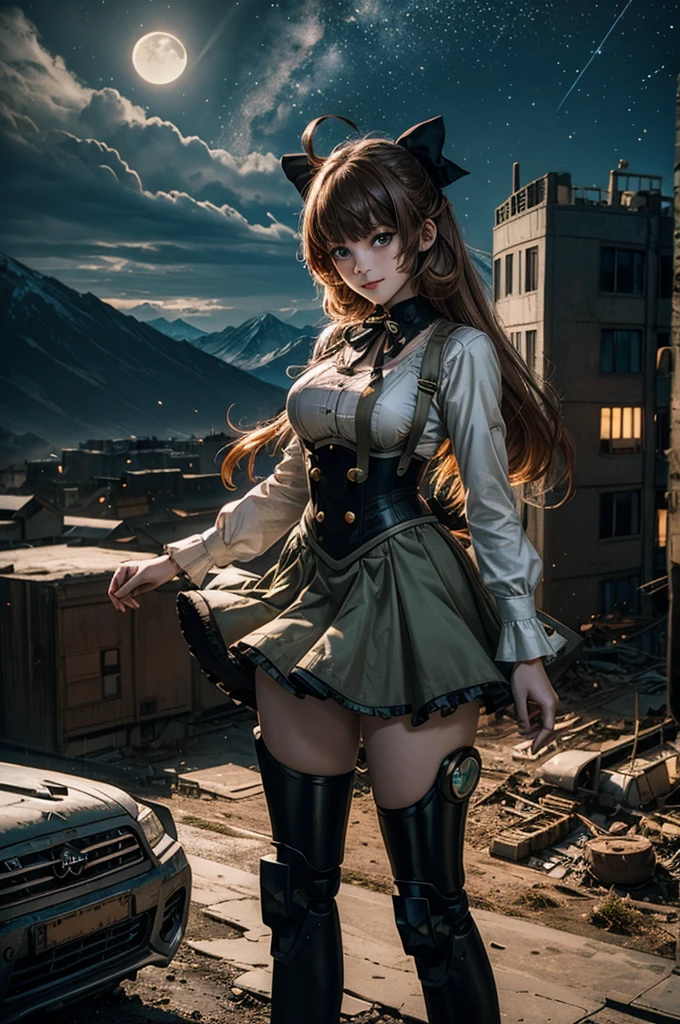 cowboy shot, (dynamic pose), smile, underbust, Penny Polendina, long hair, neck ribbon, suspender skirt, corset, black bow, white blouse, mechanical legs, neon trim, ((standing with people in city ruins on hill, overlooking valley)), BREAK night, stars, moon, snow, BREAK mountains in background, waterfall, vehicle wreck, ((people in military uniform)), bonfires, post-apocalypse, dystopian future, (volumetric lighting), intricate details, tonemapping, sharp focus, hyper detailed