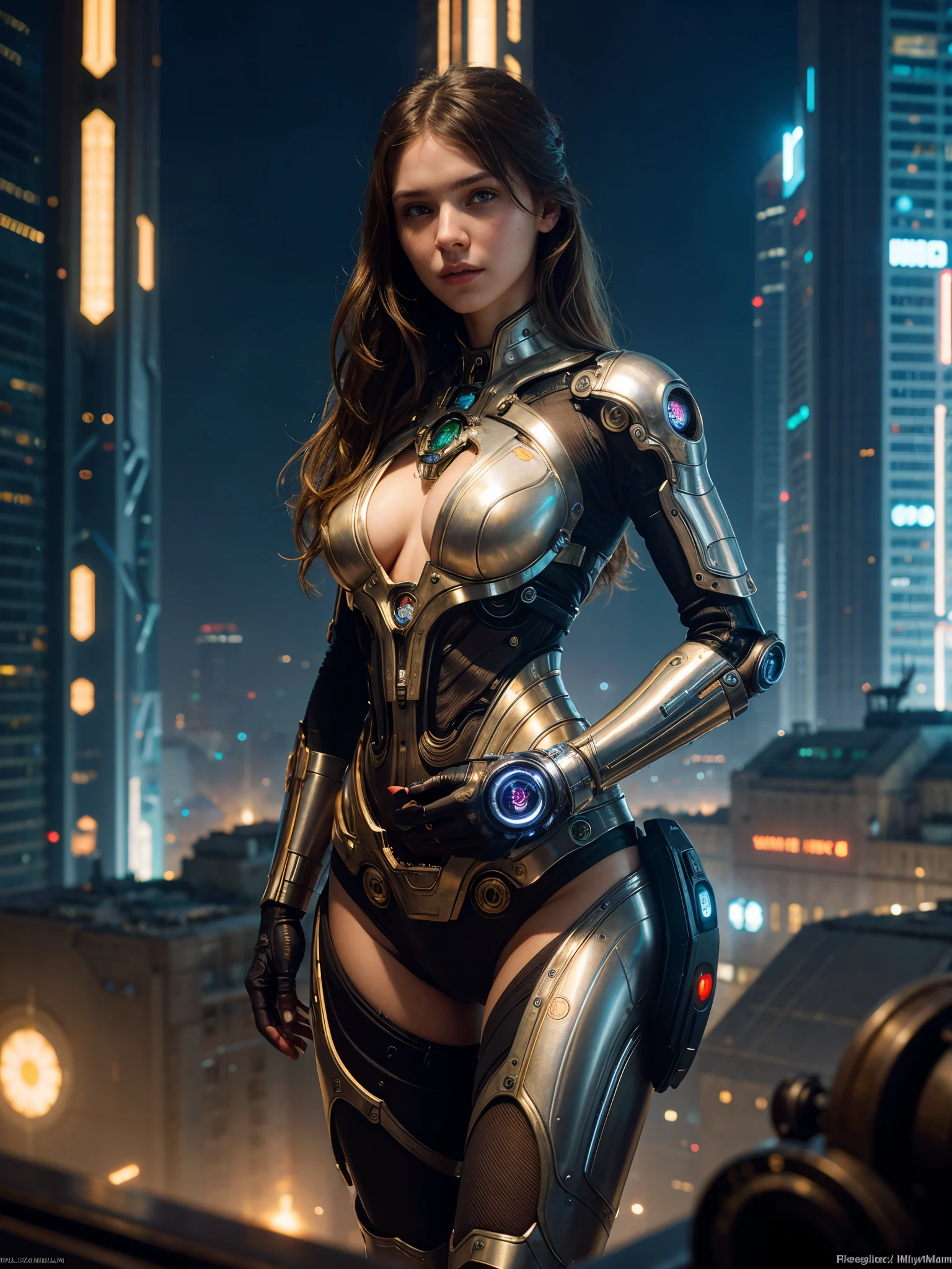 beautiful detailed young cyborg girl:1.2, (highly detailed futuristic cityscape:1.2),  (scifi:1.2), professional portrait photography, by wlop greg rutkowski jeffrey simpson alphonse mucha