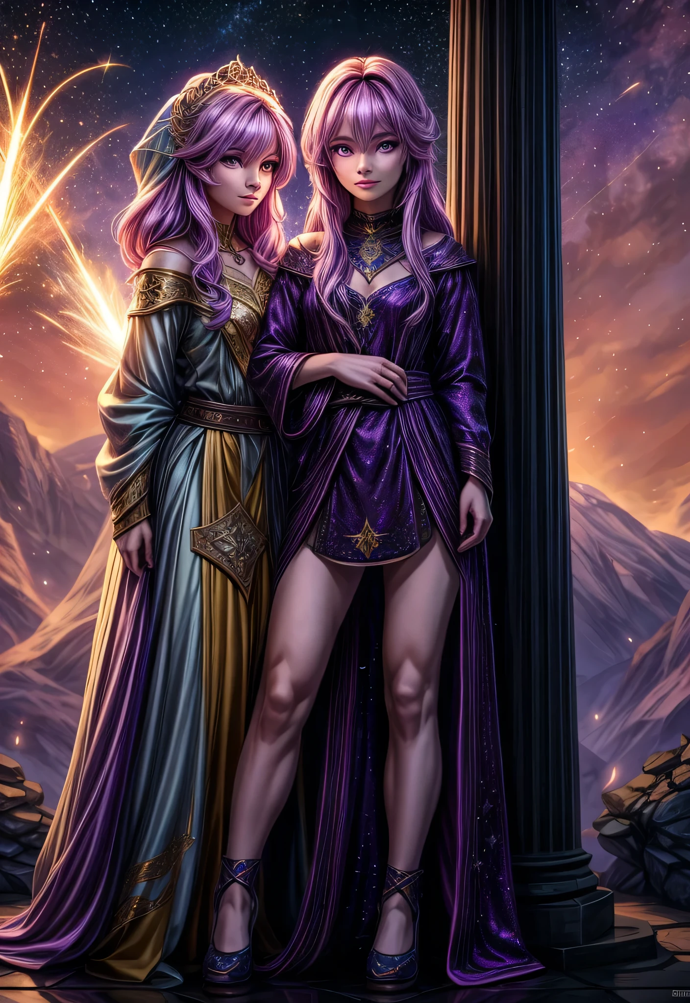 2 mulheres com a magia dourada, The background of the image is dark and starry and full of patches of light with sparks of fire, 2 mulheres de tons de cabelo diferente assim como os olhos, 1 melher tem cabelos verdes, the other melher has hair and lilac