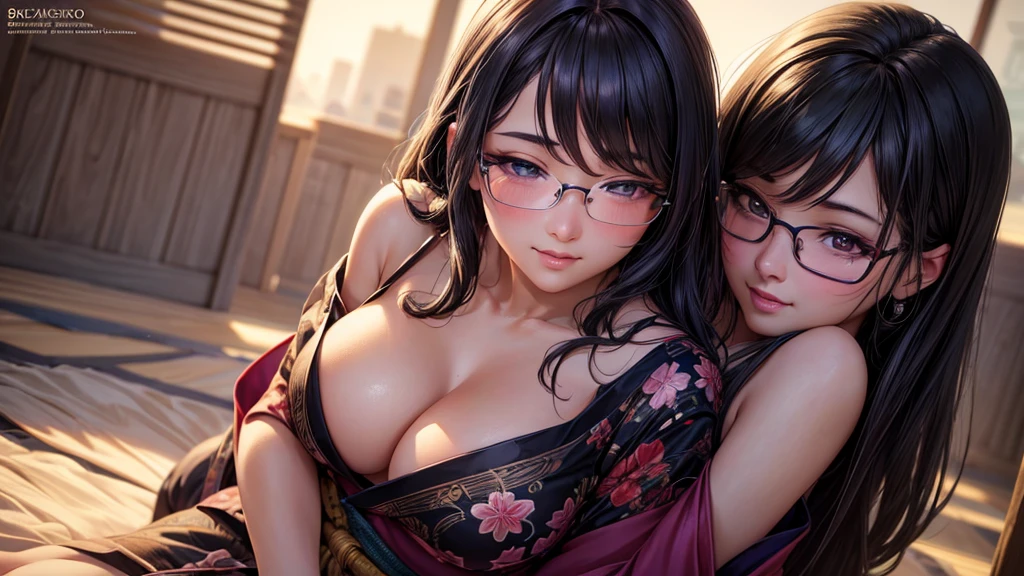 1 girl, glasses, big breasts, unbuttoned dark yukata, loose hair, smiling at you, blush, detailed anime face, beautiful eyes, detailed hand, long eyelashes, detailed lips, detailed skin, intricate details, elegant, beautiful lighting, warm colors, cinematic, soft focus, photorealistic, masterpiece, 8k, ultra-detailed, (best quality, 4k, 8k, highres, masterpiece:1.2), ultra-detailed, (realistic, photorealistic, photo-realistic:1.37)