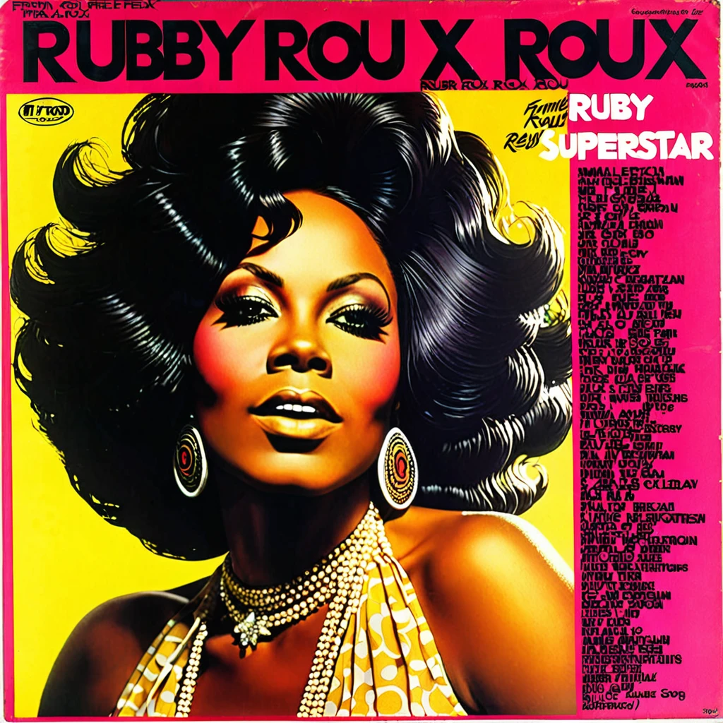 1970s vinyl album cover for female african-american r&b superstar "Ruby Roux". The name of her song is called "Friday Freak"