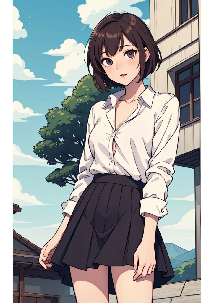 (((masterpiece, best quality, ultra highres, 1 girl, solo, no background))), super detailed skin and face and eyes and finger, beautiful japanese woman, small breasts:1.5, skinny, light brown hair, white background, very short pixie hair, (an illustration of girl), Knee shot, Generate with illustrations, Various expressions, Various poses, outline, anime, Panty shot, Spread legs, Skirt, White panties, Shirt, White shirt, Lips, Tie, Pleated skirt,