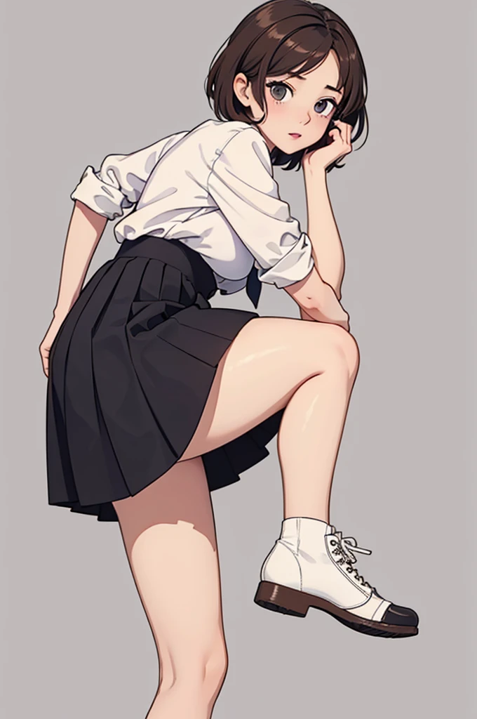 (((masterpiece, best quality, ultra highres, 1 girl, solo, no background))), super detailed skin and face and eyes and finger, beautiful japanese woman, small breasts:1.5, skinny, light brown hair, white background, very short pixie hair, (an illustration of girl), Knee shot, Generate with illustrations, Various expressions, Various poses,  outline, anime, Panty shot, Spread legs, Skirt, White panties, Shirt, White shirt, Lips, Tie, Pleated skirt, 
