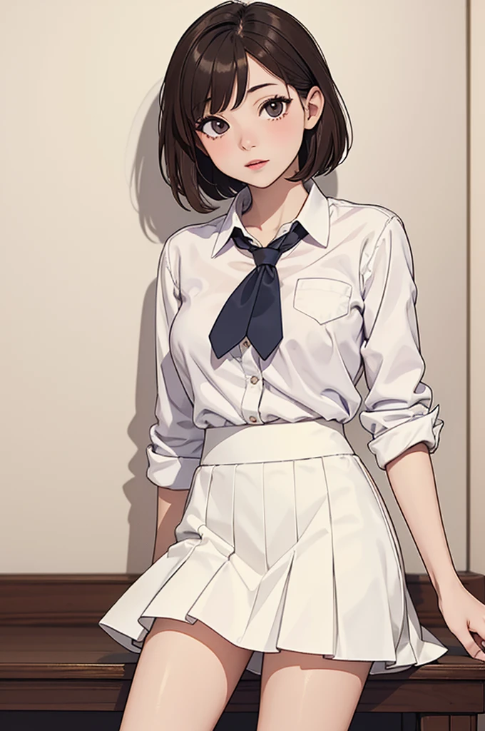 (((masterpiece, best quality, ultra highres, 1 girl, solo, no background))), super detailed skin and face and eyes and finger, beautiful japanese woman, small breasts:1.5, skinny, light brown hair, white background, very short pixie hair, (an illustration of girl), Knee shot, Generate with illustrations, Various expressions, Various poses,  outline, anime, Panty shot, Spread legs, Skirt, White panties, Shirt, White shirt, Lips, Tie, Pleated skirt, 