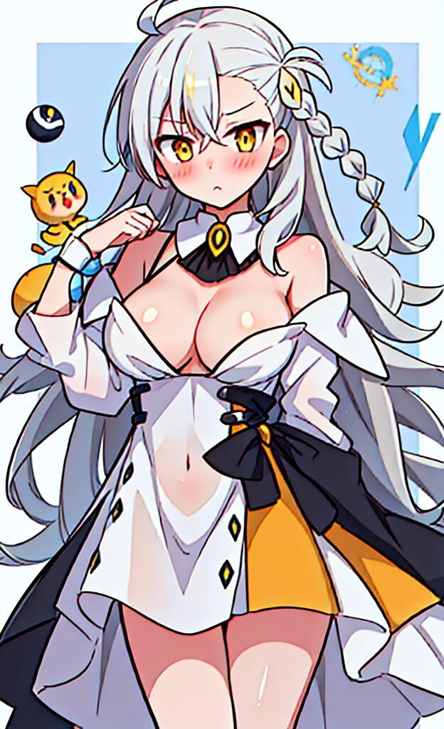 masterpiece,Highest quality,1 Girl,alone,Pokémon-like art style, OLGA_MARIE_ANIMUSPHERE_FGO
LONG_HAIR, BRAID, WHITE_HAIR, BLUSH, YELLOW_EYES, AHOGE, HAIR_BETWEEN_EYES, BREASTS, GREY_HAIR, OLGAMARIE, YELLOW EYES, WHITE HAIR, LONG HAIR, SIDE BRAID,nude