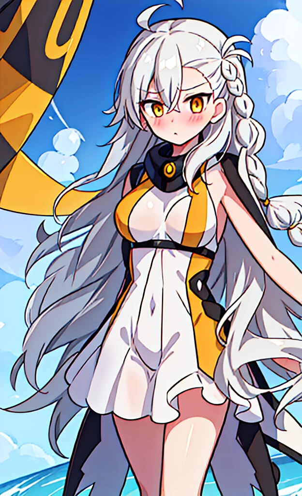 masterpiece,Highest quality,1 Girl,alone,Pokémon-like art style, OLGA_MARIE_ANIMUSPHERE_FGO
LONG_HAIR, BRAID, WHITE_HAIR, BLUSH, YELLOW_EYES, AHOGE, HAIR_BETWEEN_EYES, BREASTS, GREY_HAIR, OLGAMARIE, YELLOW EYES, WHITE HAIR, LONG HAIR, SIDE BRAID,nude