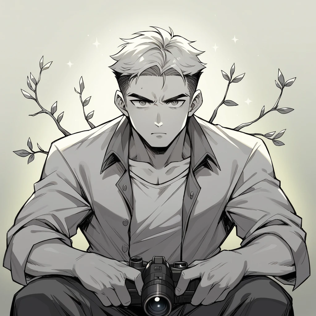 Draw a young man who ate a seed and has branches growing out of his ears, sitting on a park. . Dramatic lighting from distant stars and planets illuminates the scene, casting deep shadows on the suit. The young man looks confident and determined, looking at the vast and mysterious universe with wonder and respect, cowboy shot, branches growing out of his ears.