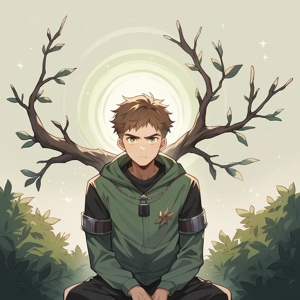 Draw a young man who ate a seed and has branches growing out of his ears, sitting on a park. . Dramatic lighting from distant stars and planets illuminates the scene, casting deep shadows on the suit. The young man looks confident and determined, looking at the vast and mysterious universe with wonder and respect, cowboy shot, branches growing out of his ears.