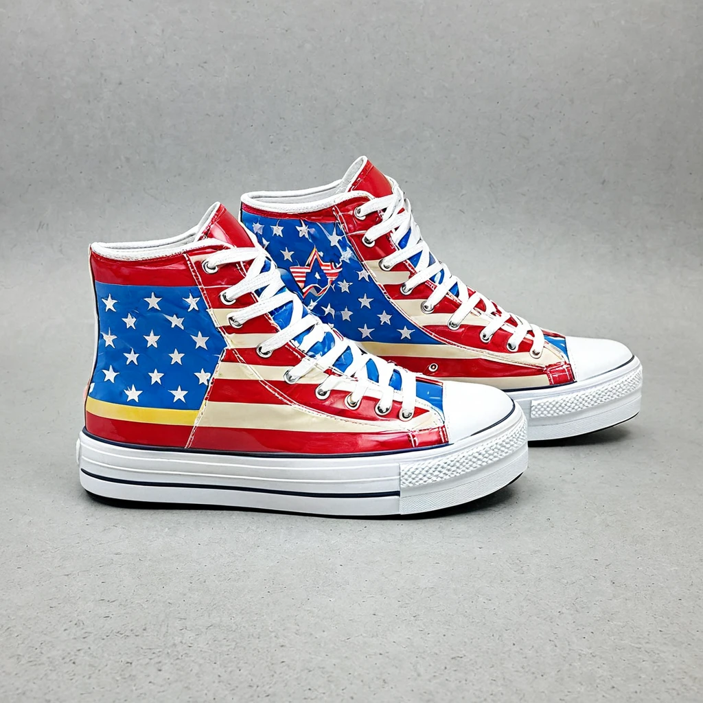 a pair of women dancer's trainers. custom high top trainers. featuring a wonder woman design theme. chunky sole. stars and stripes on the underside