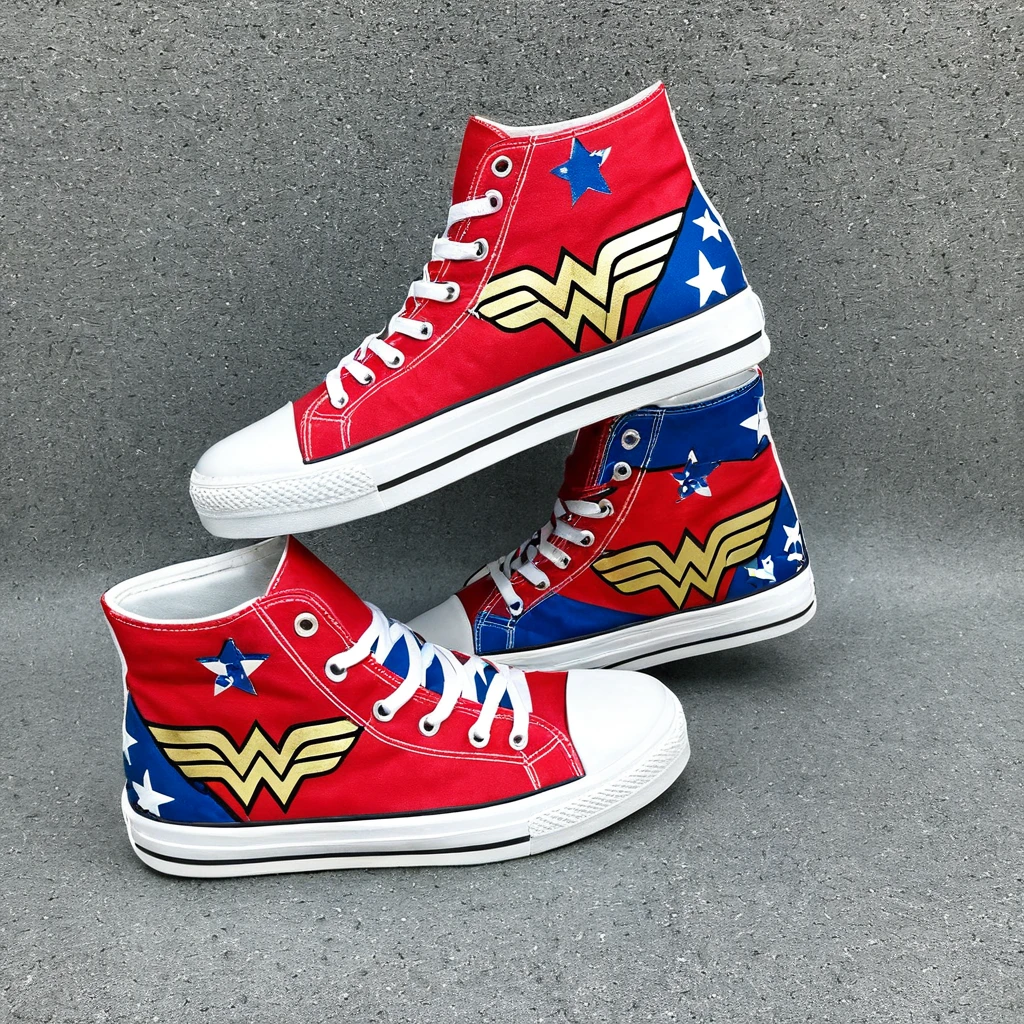 a pair of women dancer's trainers. custom high top trainers. featuring a wonder woman design theme. chunky sole. stars and stripes on the underside